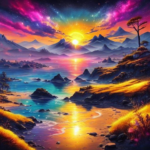 Retro Sci-Fi Cityscape at Sunset with Golden Spaceships