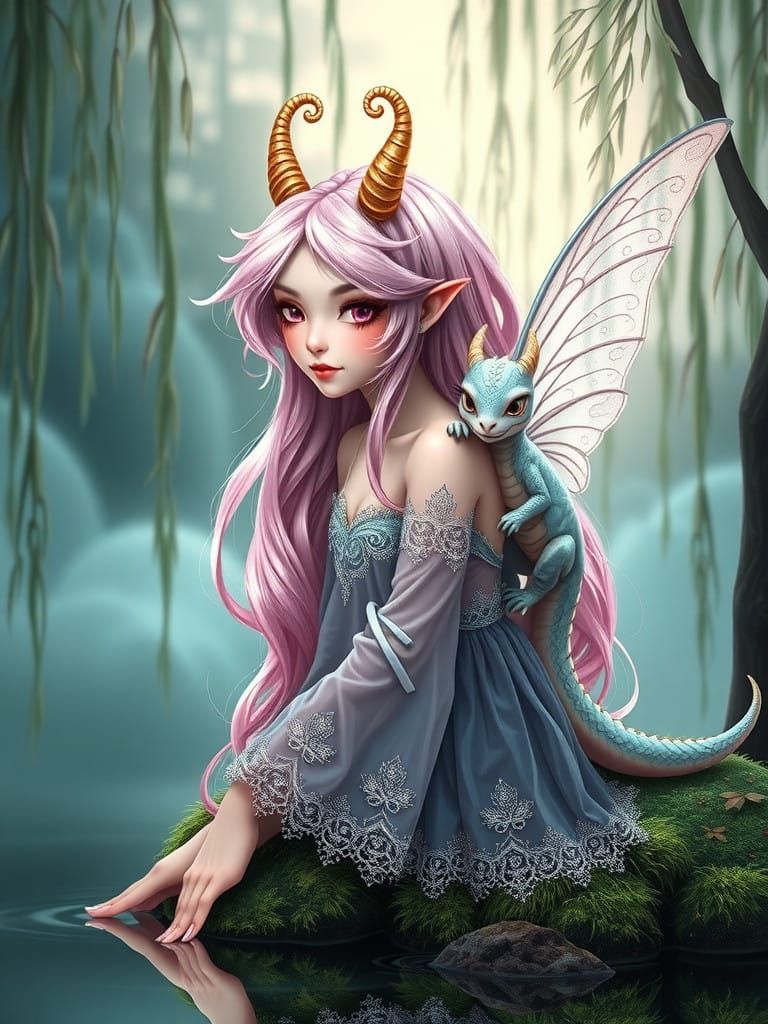 A ravishing female fairy, 3/4 profile, delicate shy smile, w...