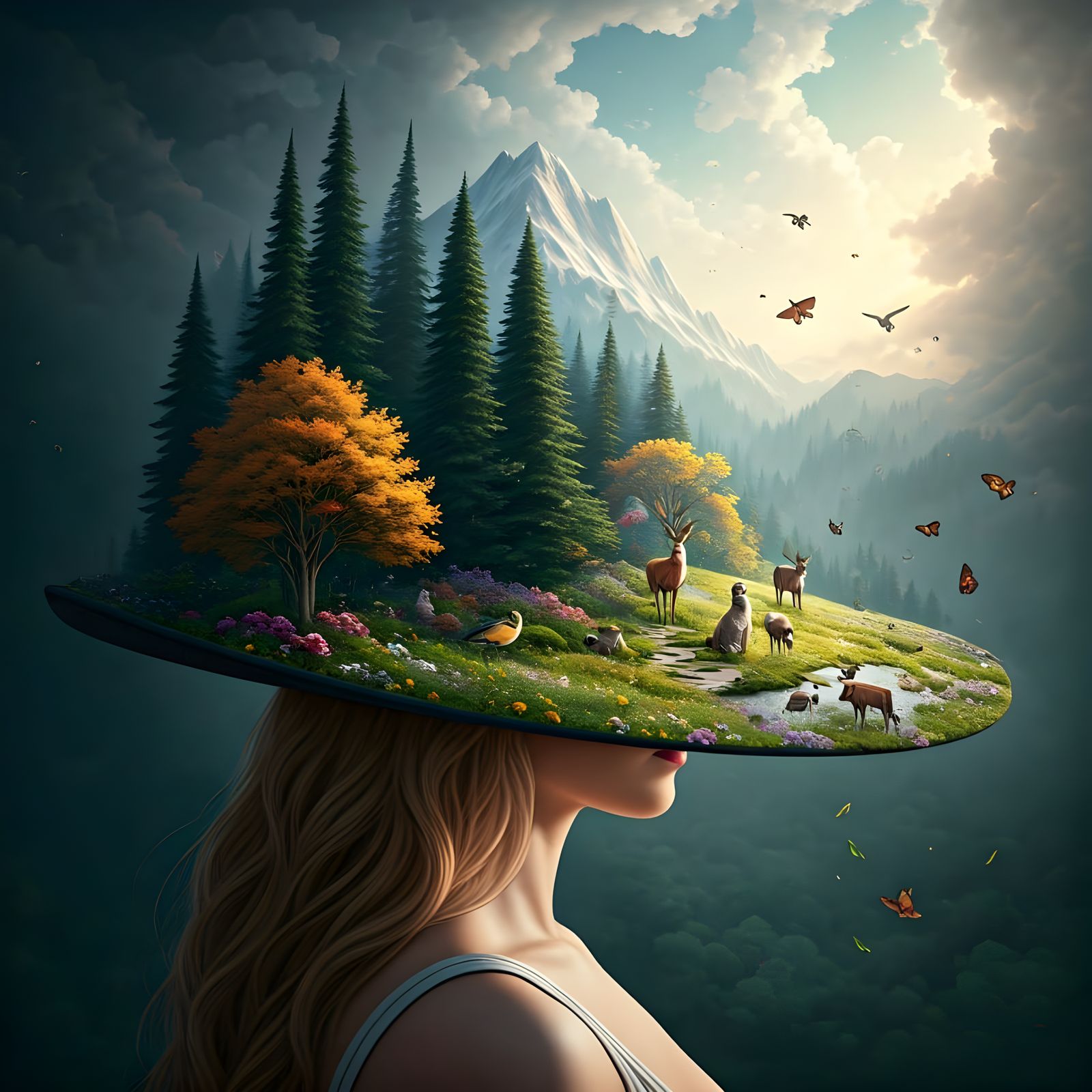 Woman Adorned with Wildlife Meadow Hat