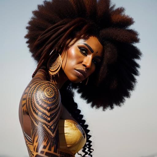 Tattooed Woman with Afro Curls in Dramatic Lighting
