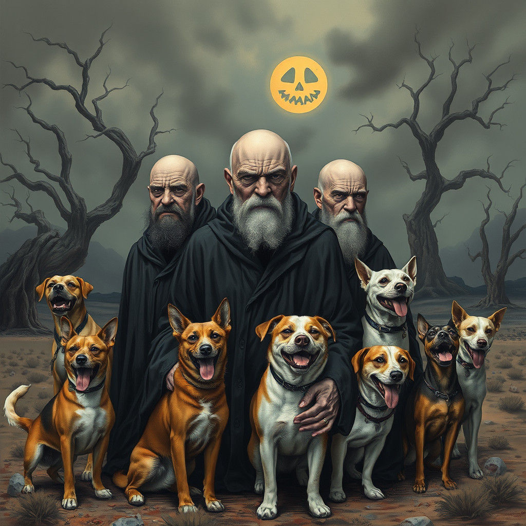 Menacing Bald Men Surrounded by Happy Dogs