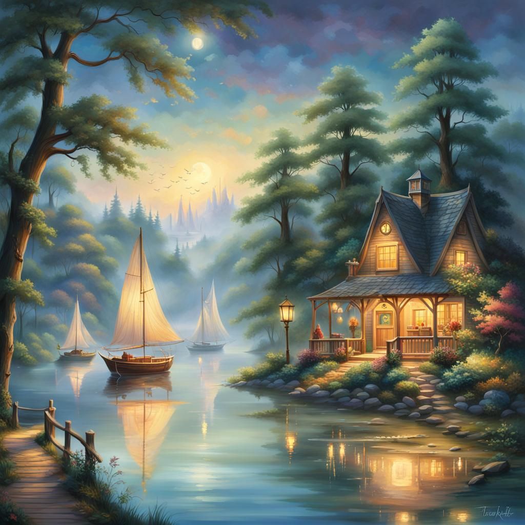 Sailboats on Mist-Shrouded Lake at Dusk