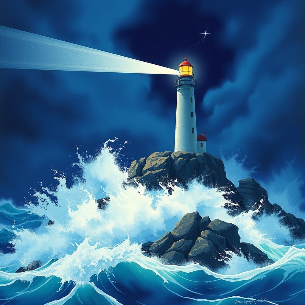 Lighthouse in Stormy Seas, Ghibli-Inspired