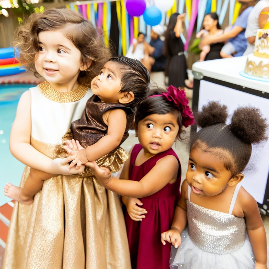 Girl Holding Baby at Backyard Birthday Party