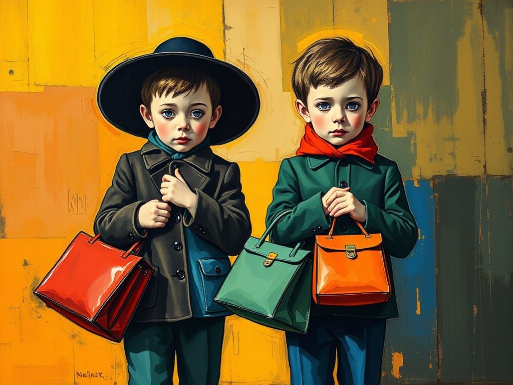 French Boys Helping Mother in Rain, Abstract Art