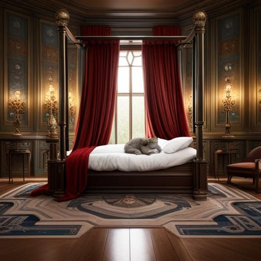 Cat Sleeping on Magnificent Bed: Detailed Matte Painting