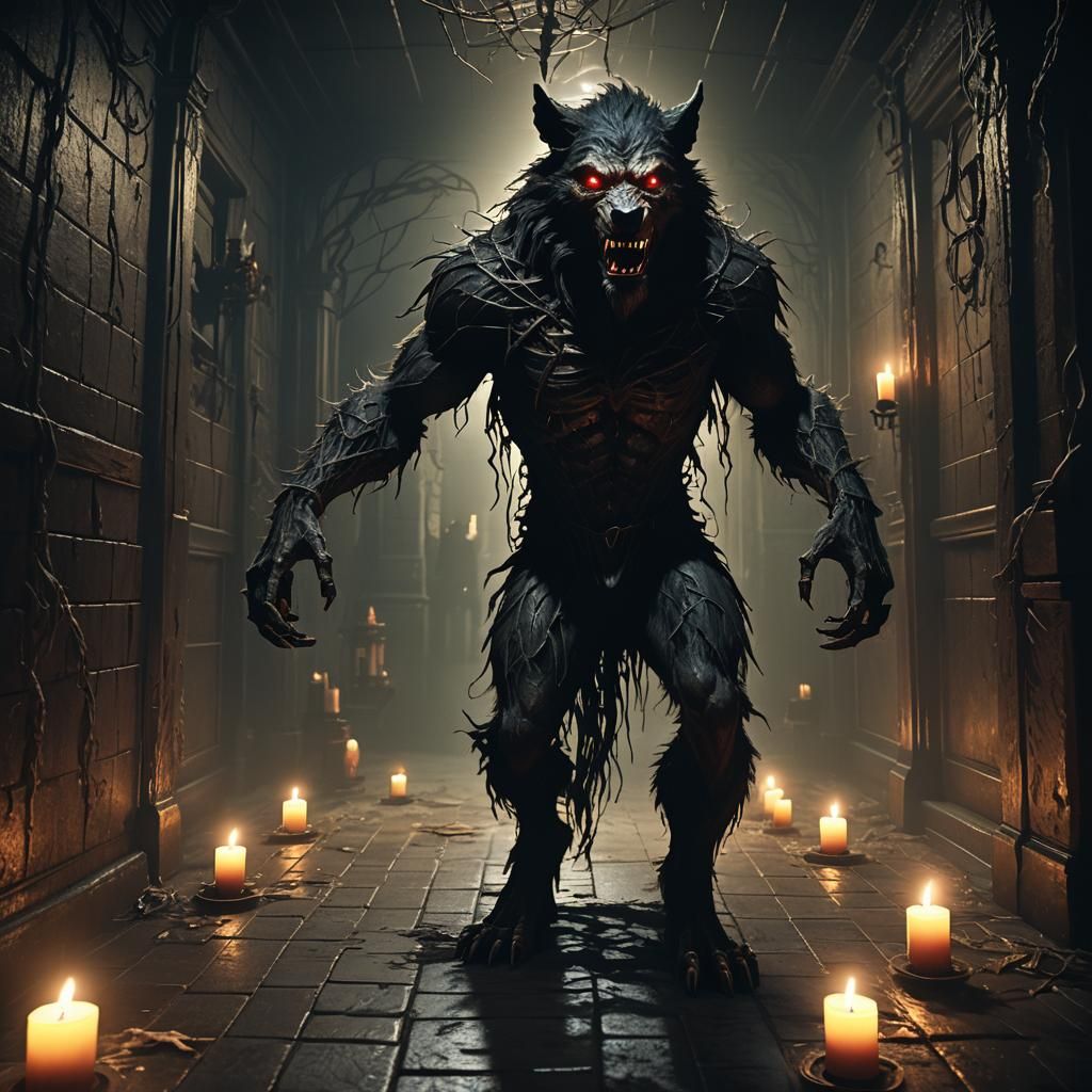 Werewolf in Eerie Hallway: Dark Fantasy 3D Render