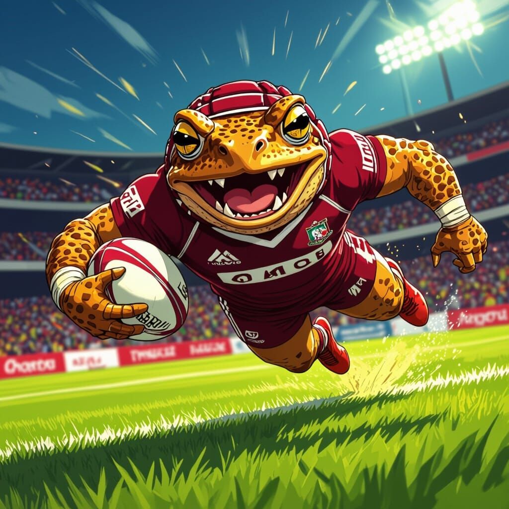 Cane Toad Scores Try in Rugby League Jersey