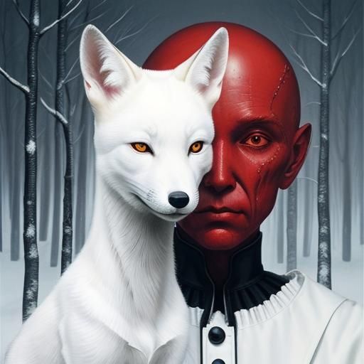 Eerie Humanoid Petting Fox in Snowy Woods