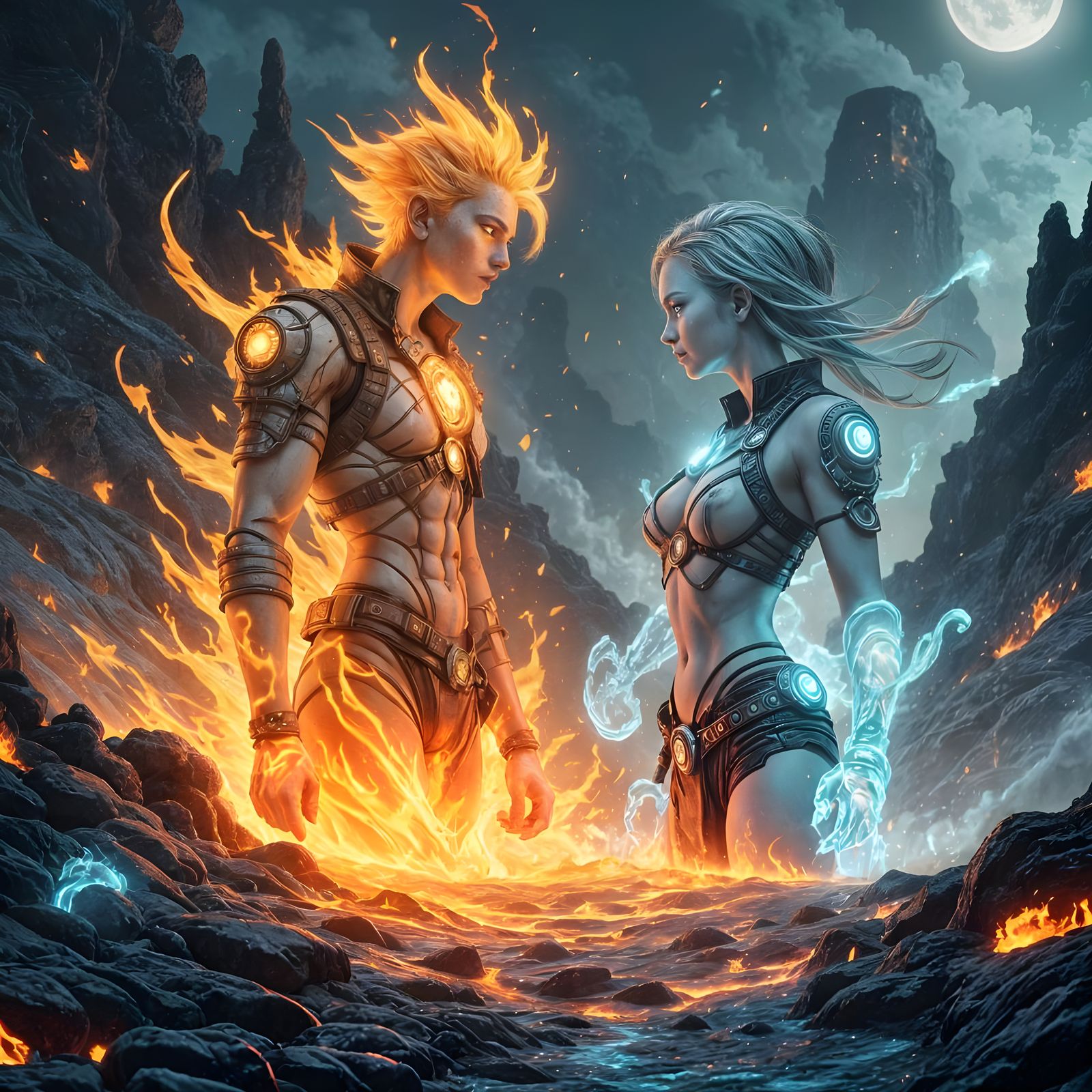 Fire and Water Spirits Clash in Lava Landscape
