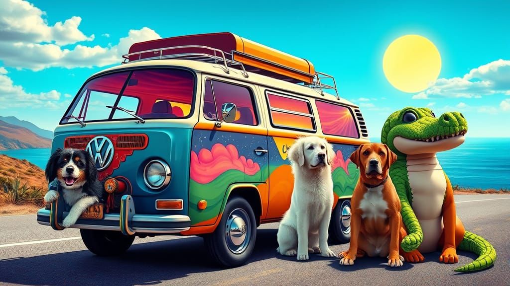 Psychedelic Volkswagen Van with Fantasy Murals
