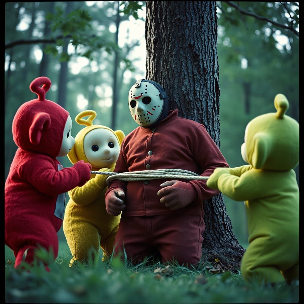 Jason Voorhees Bound by Teletubbies in Cinematic Film Still