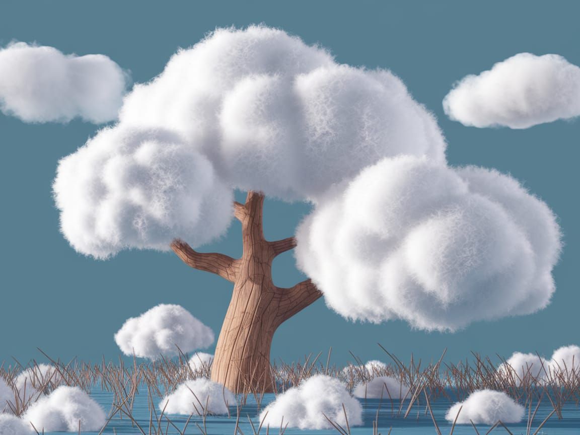 Surreal Cloud Tree in Dreamlike Landscape