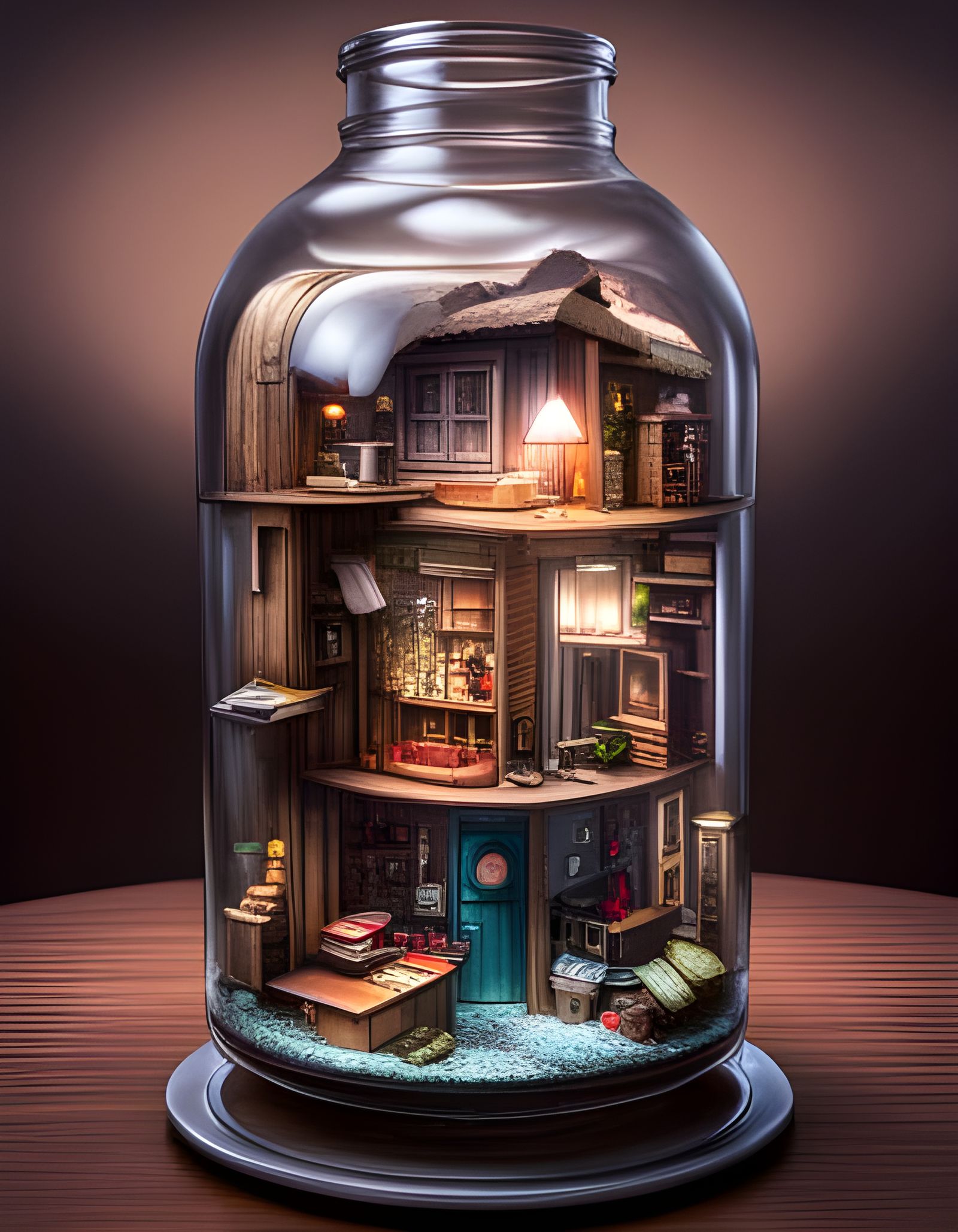 Intricate Horror Puppet House in a Glass Bottle
