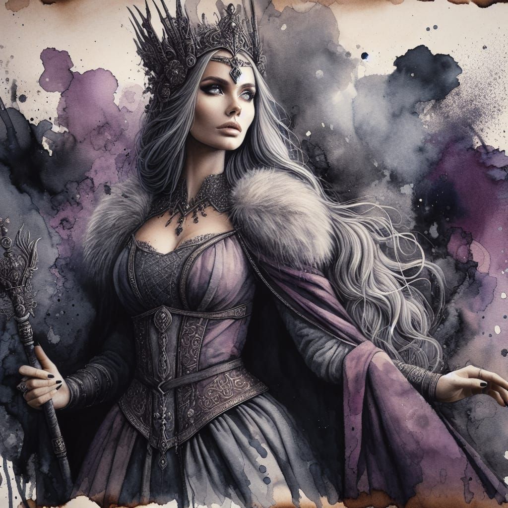 Mystical Norse Goddess in Ink and Watercolor Splendor