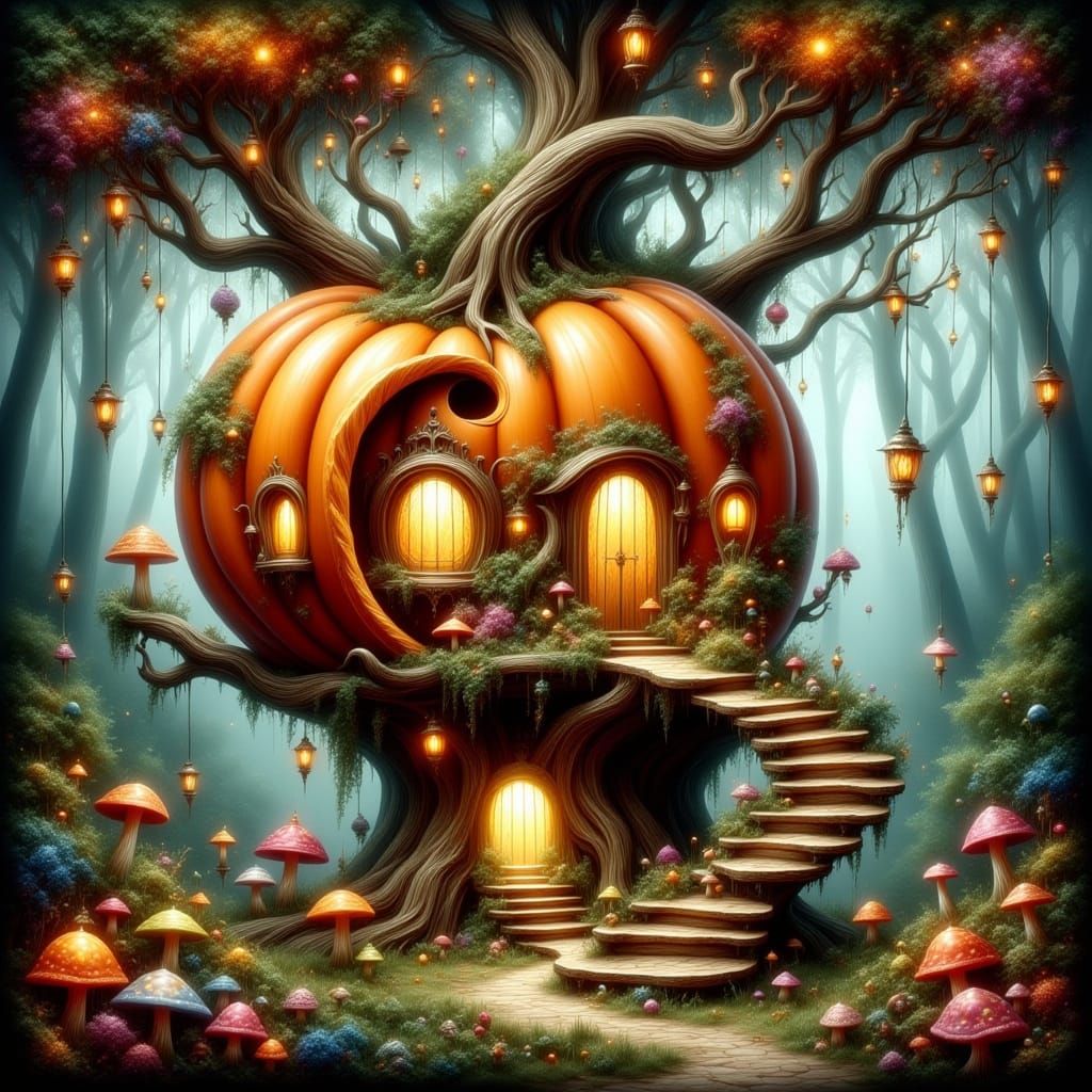 Whimsical Pumpkin Treehouse in Enchanted Forest