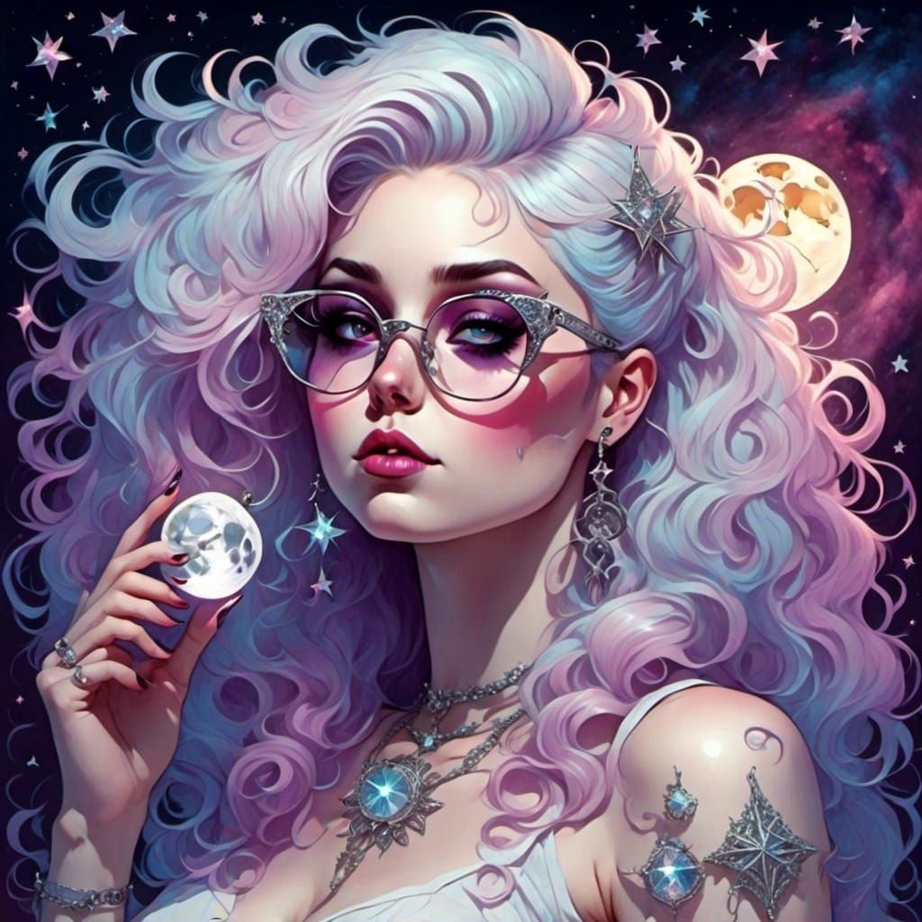 Goth Witch Goddess with Cosmic Magic, Digital Art