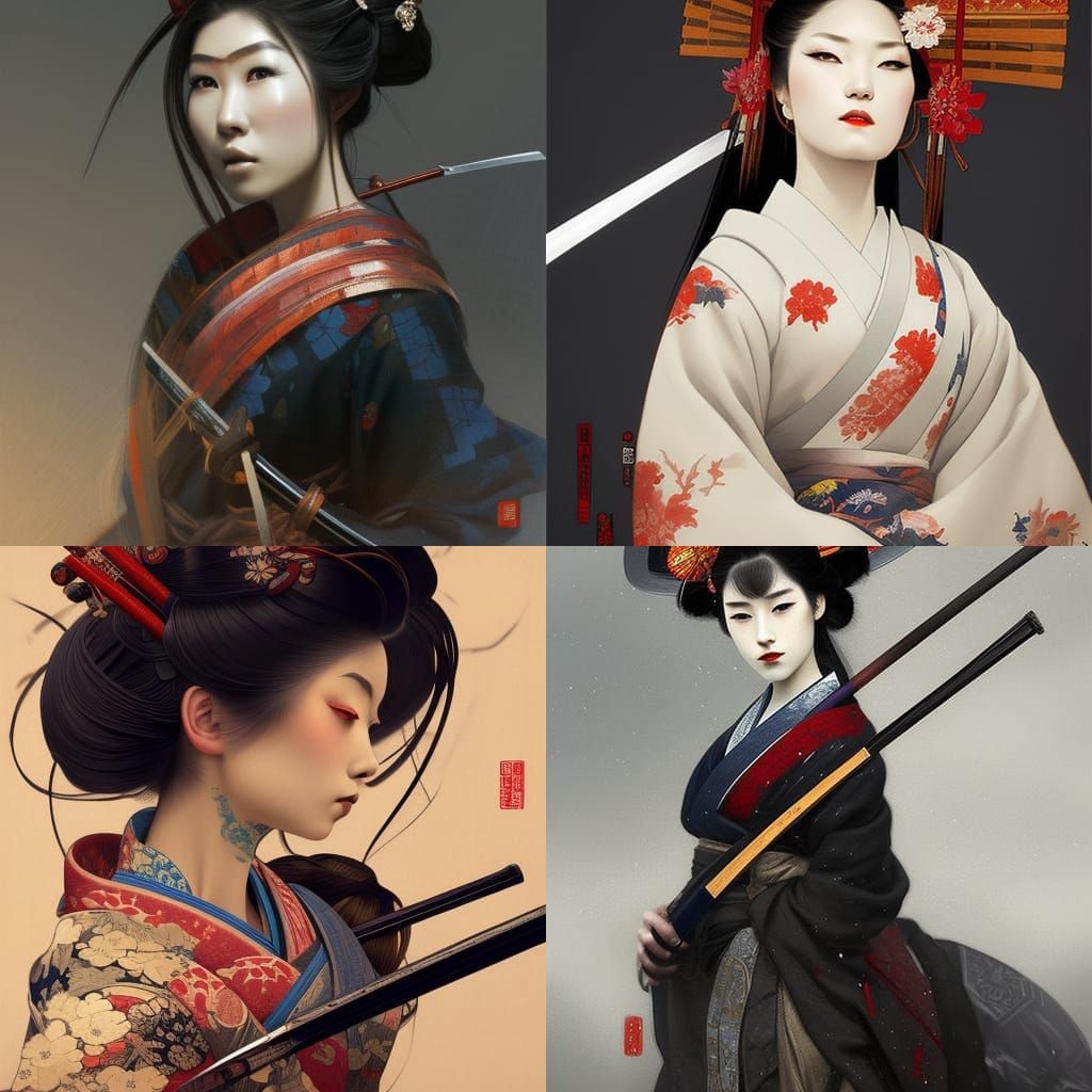 Geisha with Samurai Sword in Hyperdetailed Style