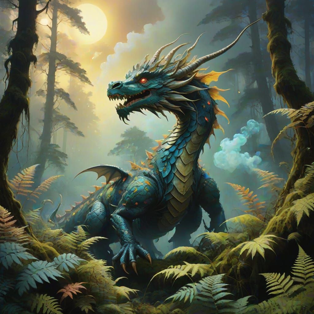 Dragon Amidst Lush Fantasy Landscape