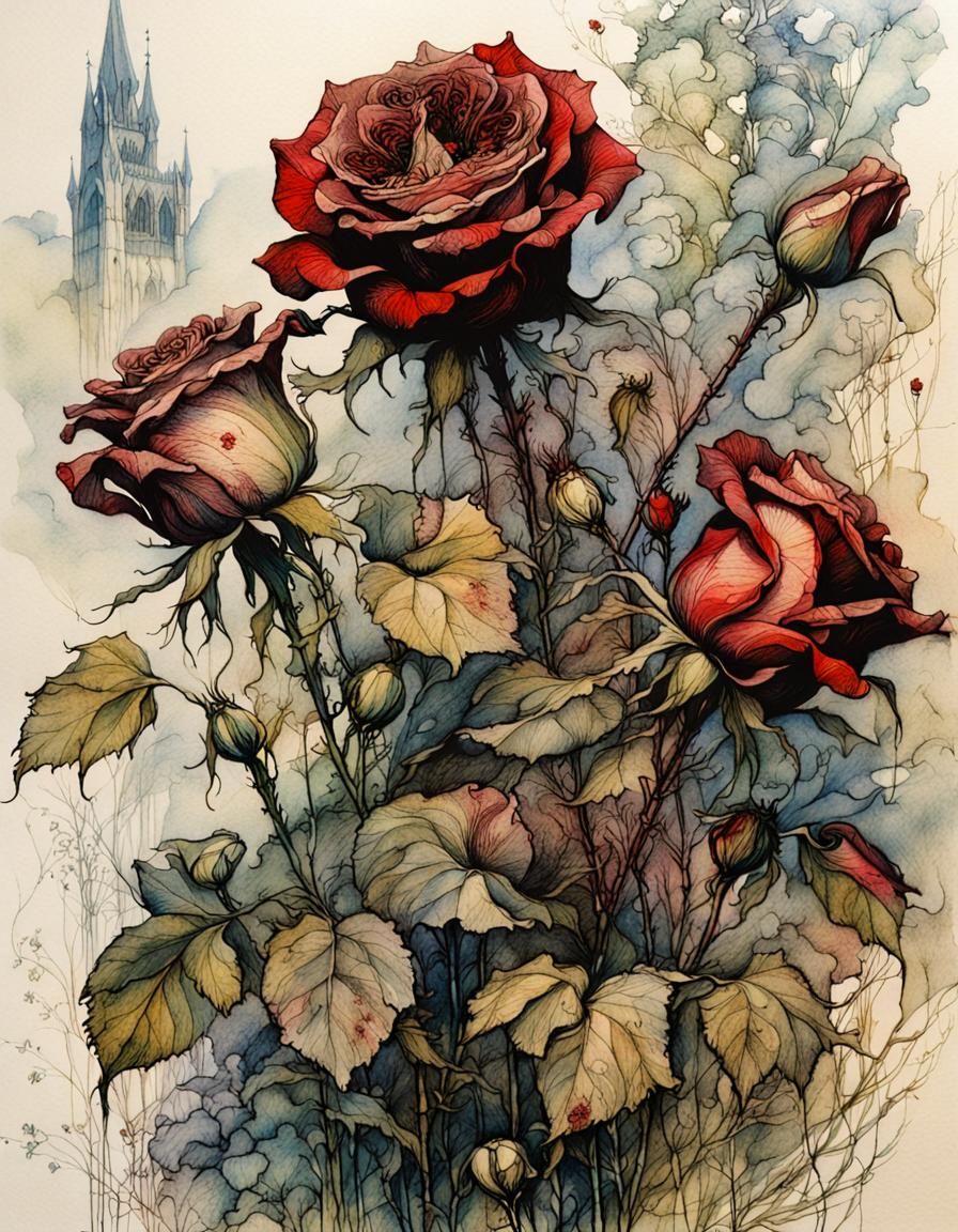 Medieval Roses in Golden Age Illustration Style