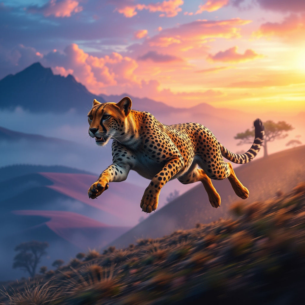 Cheetah Sprinting Through Mystical Dreamscape