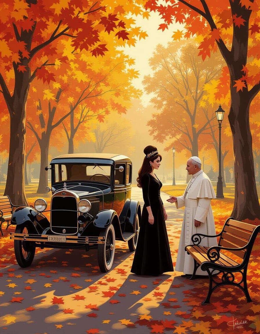 Surreal Autumn Park Scene with Vintage Car and Figures