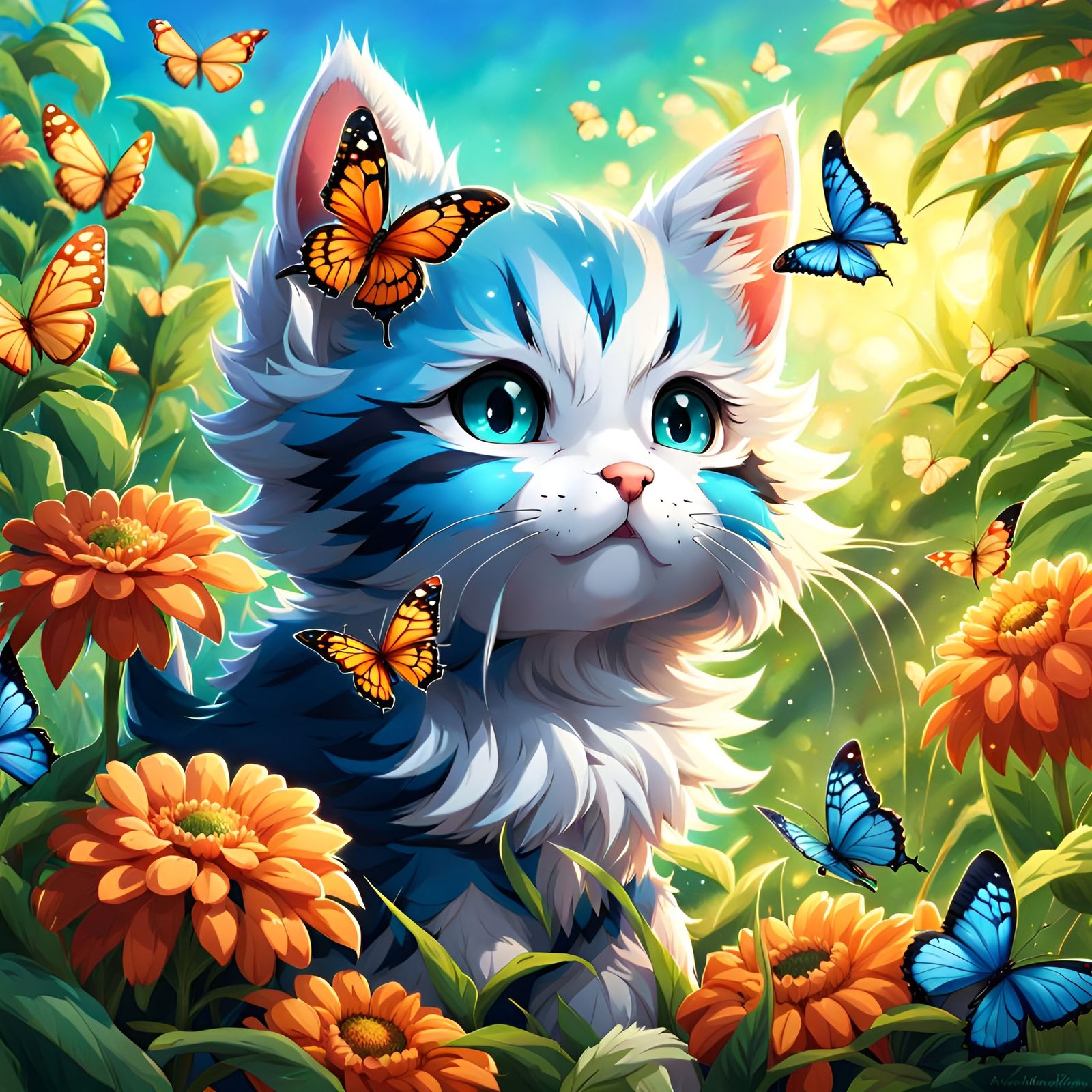 Chibi Kitten's Butterfly Chase: Anime-Inspired Art