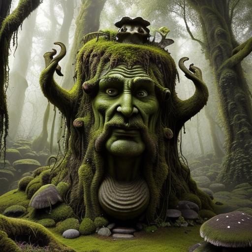 Ancient Stone Face Monument in Fantasy Forest