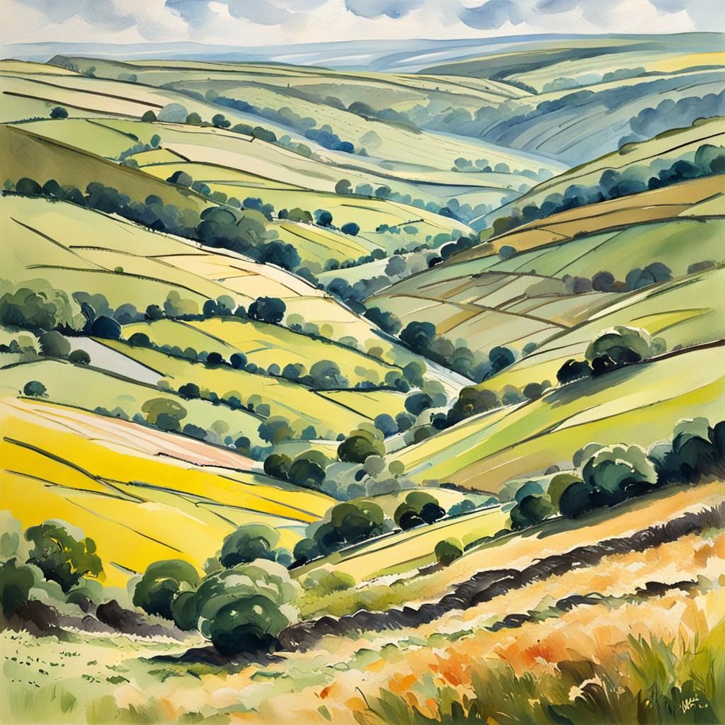 Yorkshire Dales Landscape in Gouache Impressionist Style