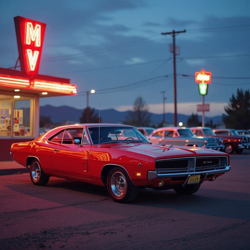 A vintage muscle car, a cherry red 1969 Dodge Charger, parke...