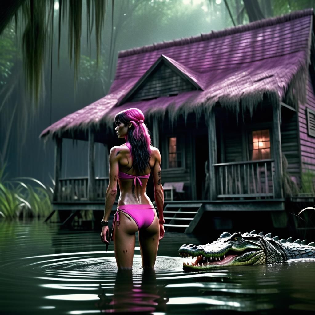 Pixar-Style Swamp Hunter with Alligators