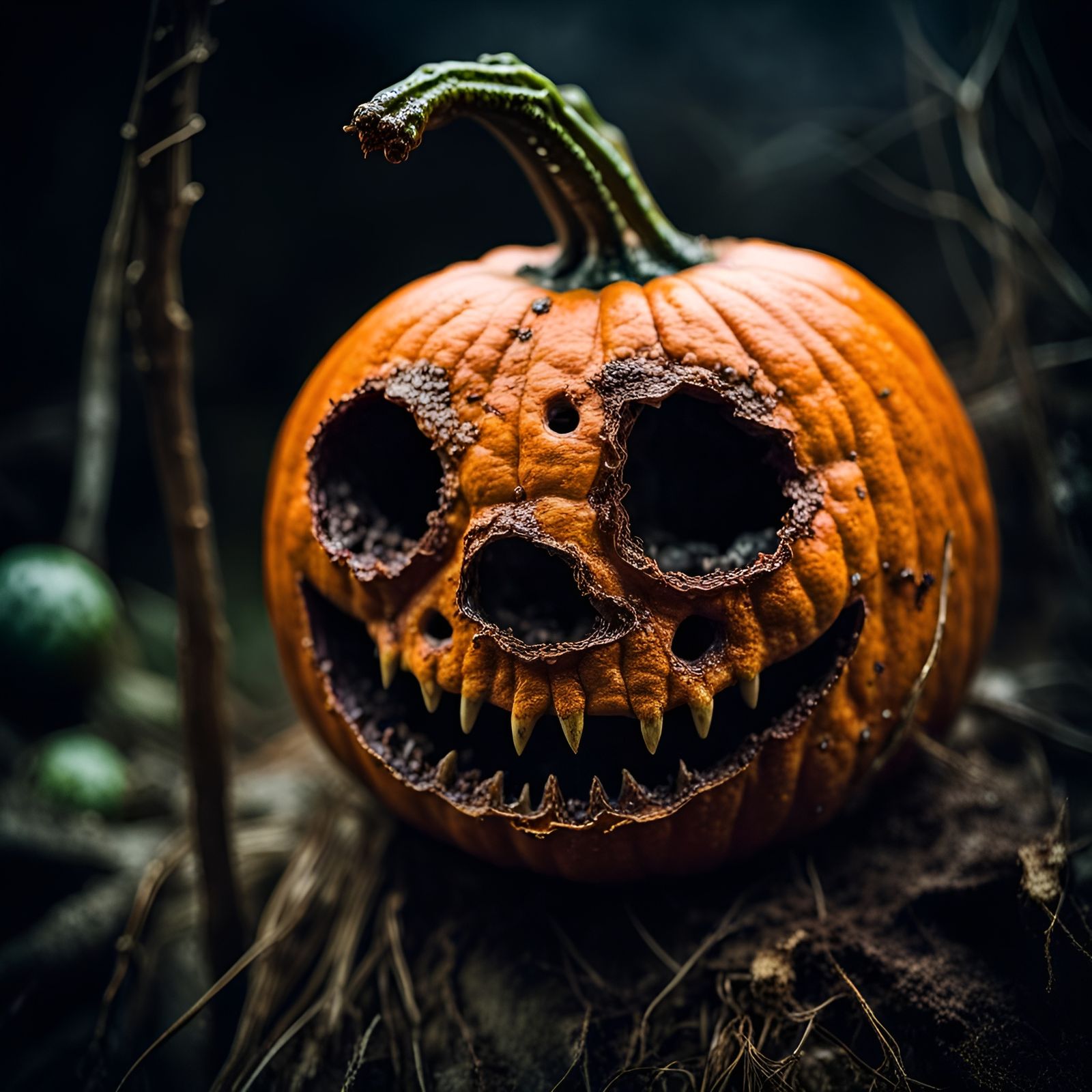 Decayed Jack-o'-Lantern in a Horror Swamp