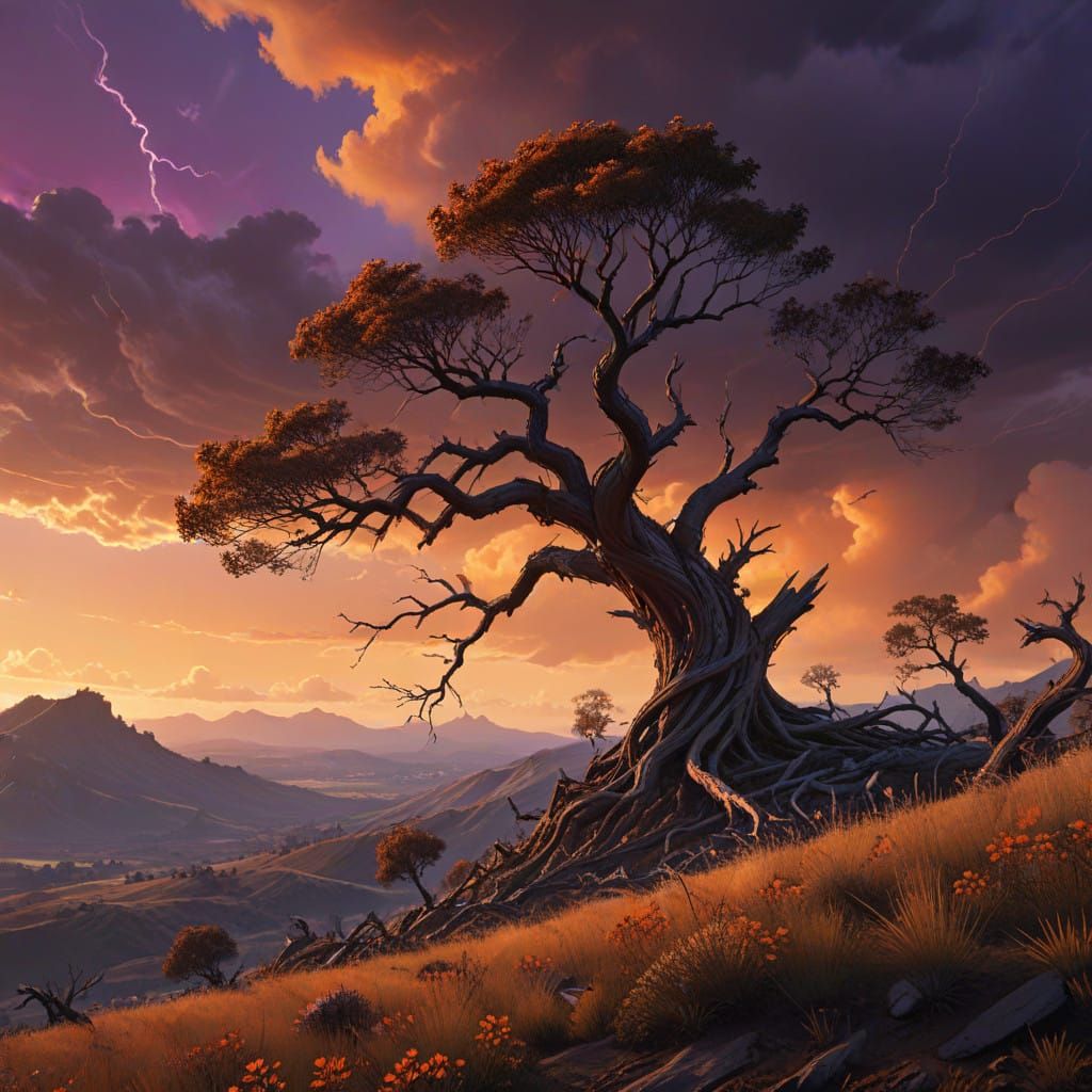 Twisted Tree Defies Sunset Storm