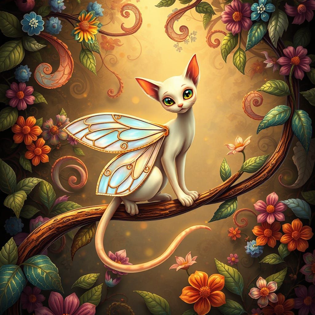 Ethereal Feline Butterfly Amidst Art Nouveau Garden