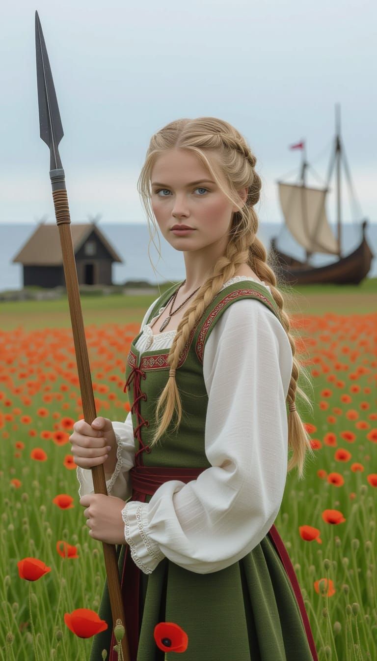 Norse Woman With Spear Amidst Poppies
