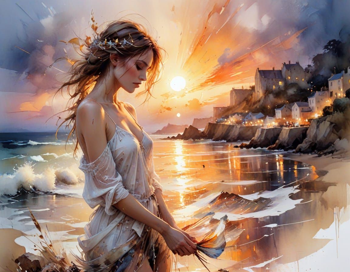 Sunset Seascape in Watercolour Style