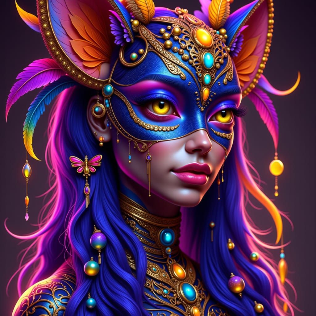 Whimsical Goth Quetzalcoatl Cat Woman in Vibrant Cutecore St...