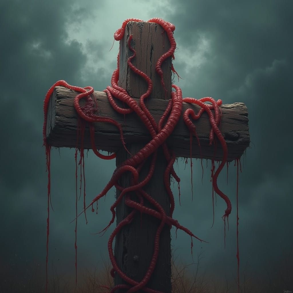 Dark Cross Beset by Maggots in a Haunting, Gloomy Landscape