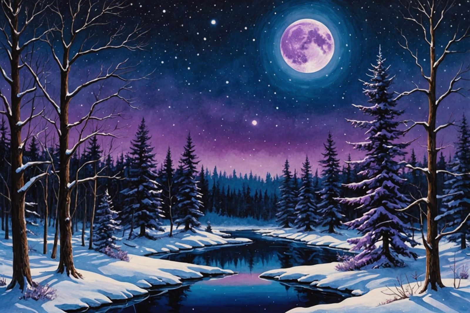 Purple Moon Over Winter Landscape, Detailed Illustration