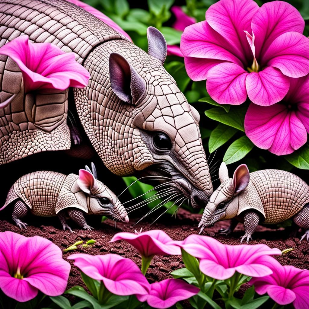 Armadillos Hunting Bugs in a Pink Petunia Garden