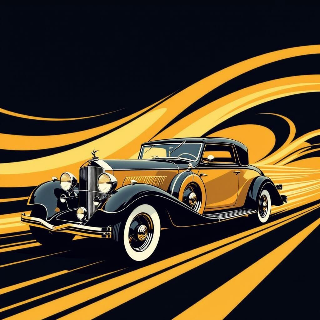 1930s Luxury Car in Motion, Gold and Black Art Deco Style