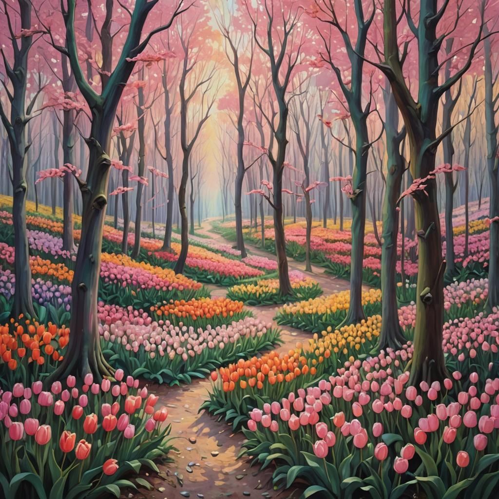 Tulip Forest Painting with Rainbow Trail