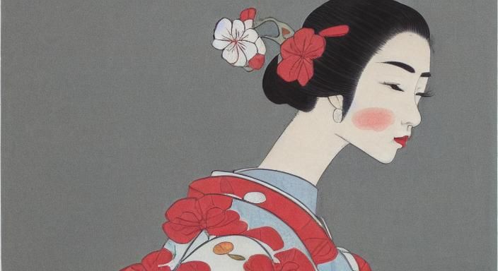 Serene Woman in Cherry Blossom Garden: Ukiyo-e Style