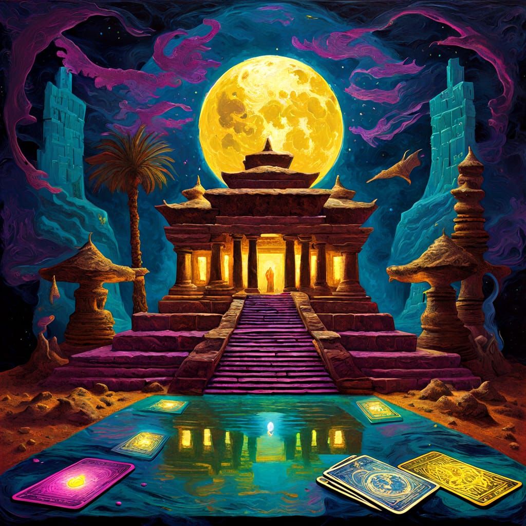 Cryptic Sage in Moonlit Temple: Impasto Neon Art