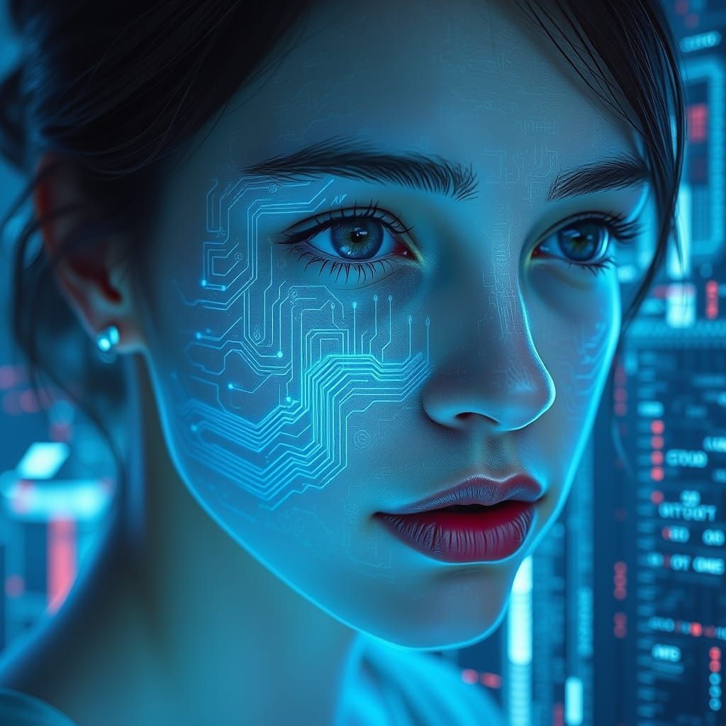 Ethereal Cyberpunk Goddess with Glitchy Digital Background