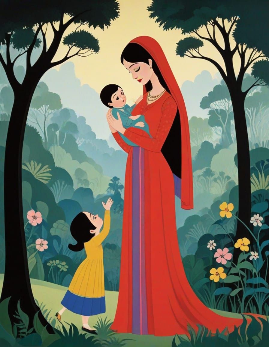 Mother's Love in Vibrant Kalighat Style