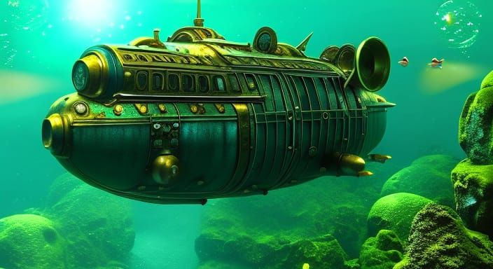 Propelling through the mass of water - a steampunk golden submarine