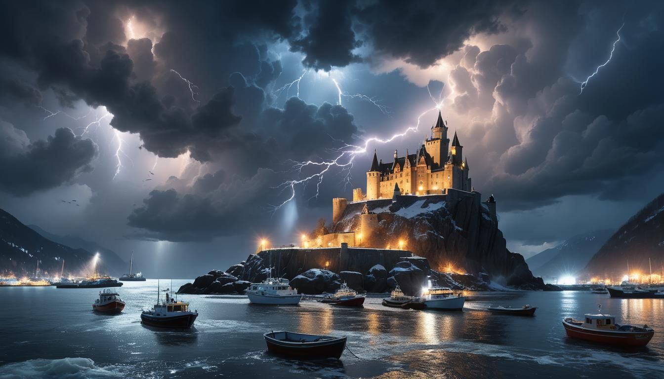 Castle Under Dramatic Sky With Searchlights