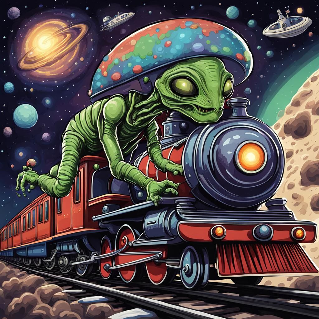 Alien Rides Steam Train Through Space