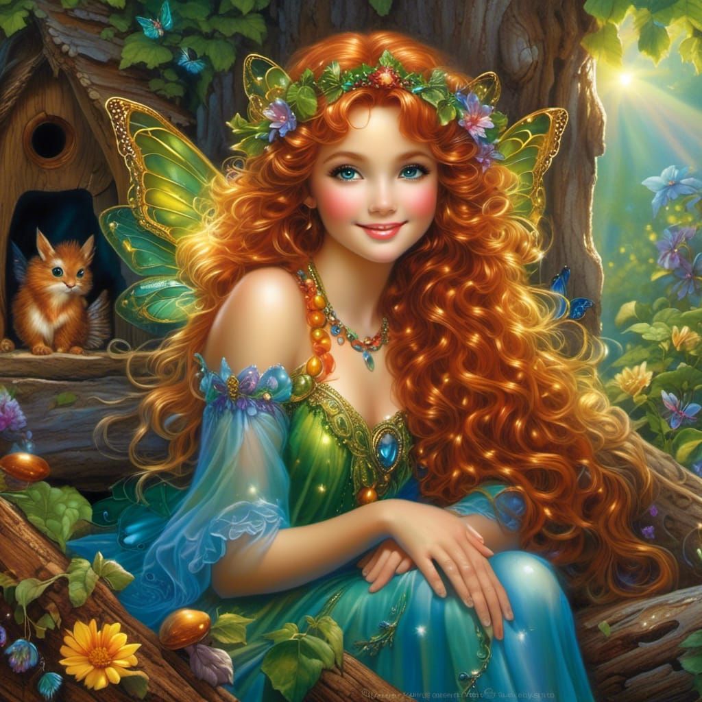 big green eyes, curly red hair